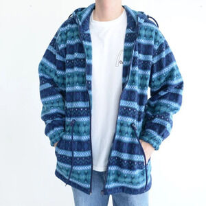 Vintage 90S Cabin Creek Blue & Teal Fleece Zip Up Hooded  Sweater Size Small